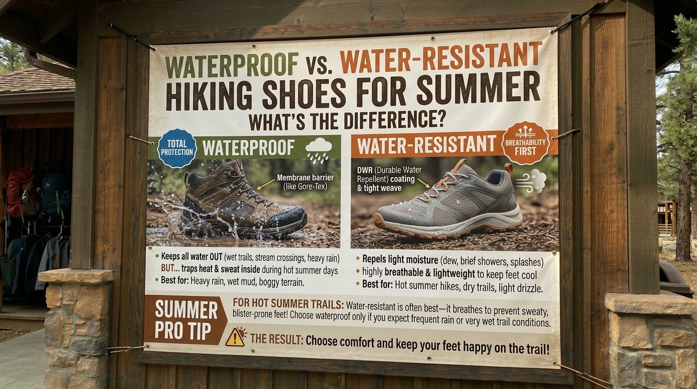 What is the difference between waterproof and water-resistant hiking shoes for summer