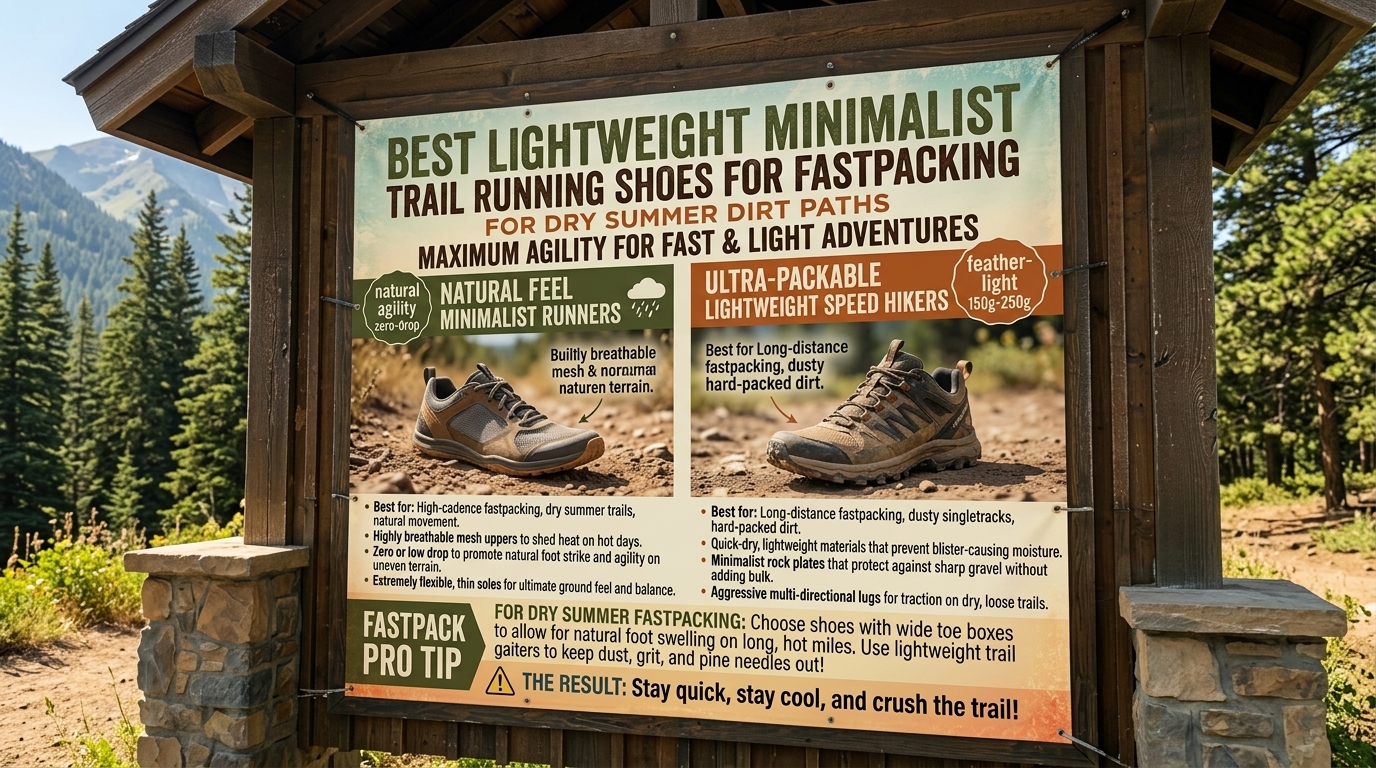 Lightweight minimalist trail running shoes for fastpacking on dry summer dirt paths