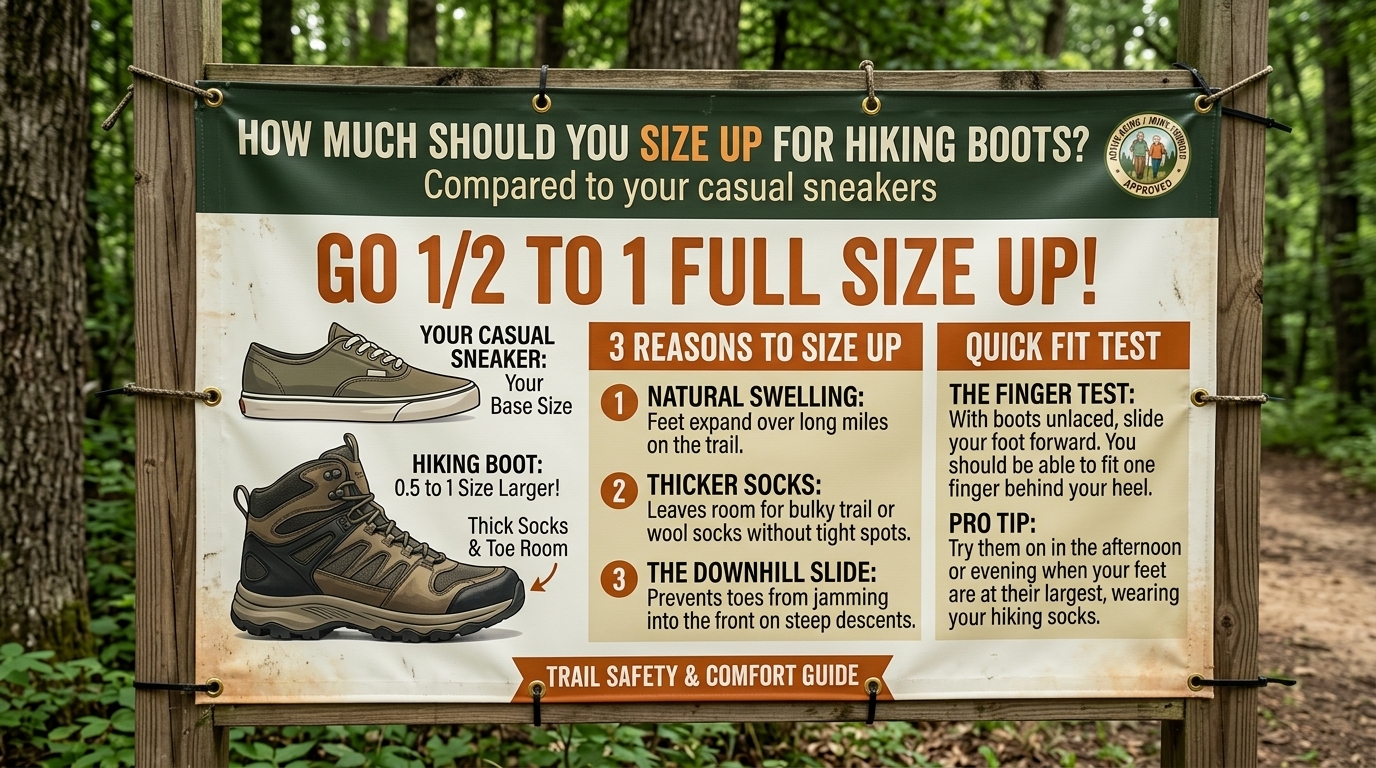 What size up should you buy for hiking boots compared to casual sneakers