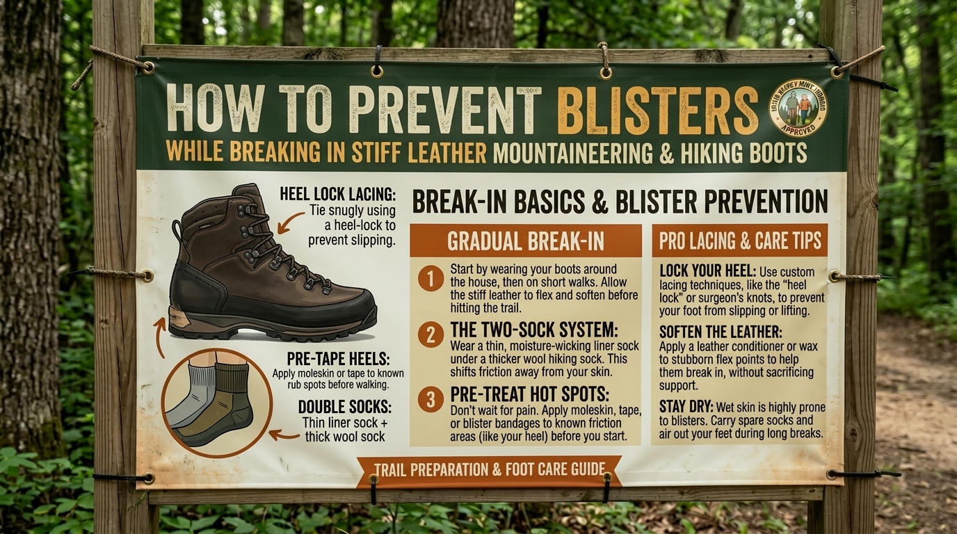 How to prevent blisters while breaking in stiff leather mountaineering and hiking boots