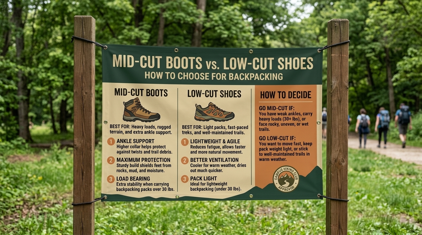How to choose between mid-cut hiking boots and low-cut hiking shoes for backpacking