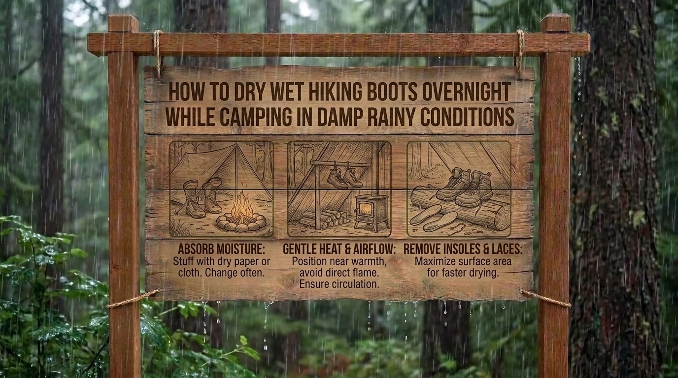How to dry wet hiking boots overnight while camping in damp rainy conditions